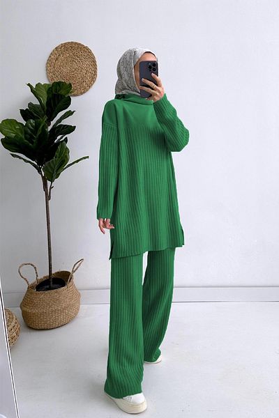 Ka Hijab Green Corded Knitwear Set - KH