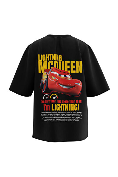 ceyasmoda Unisex Siyah Şimşek McQueen Cars Baskılı Kısa Kol %100 Pamuk T-shirt