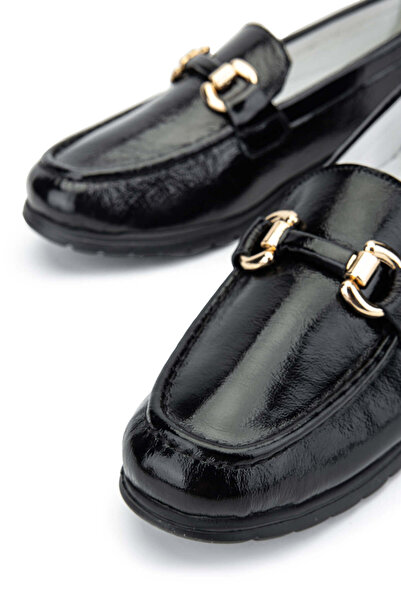 Tamer Tanca Kadın Hakiki Deri Siyah Rugan Loafer Ayakkabı