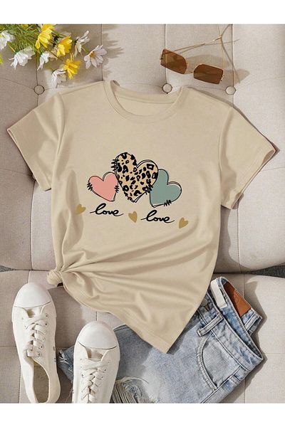 Mella&Co Tricou oversize din bumbac pieptănat pentru damă - Tricou imprimat cu inimi