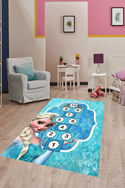 Genel Markalar Elsa Desenli Seksek Halı Dijital Baskı Yıkanabilir Kaymaz Taban Eğitici Halı Çocuk Odası Halısı
