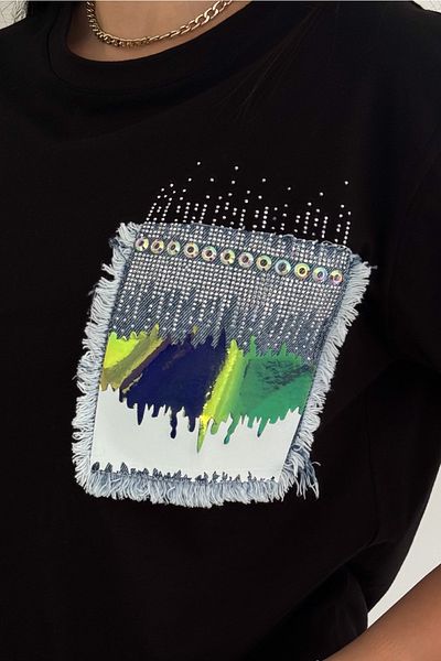 FEMELLE Noul sezon - Tricou negru din bumbac pentru femei, brodat cu margele din denim și model din folie