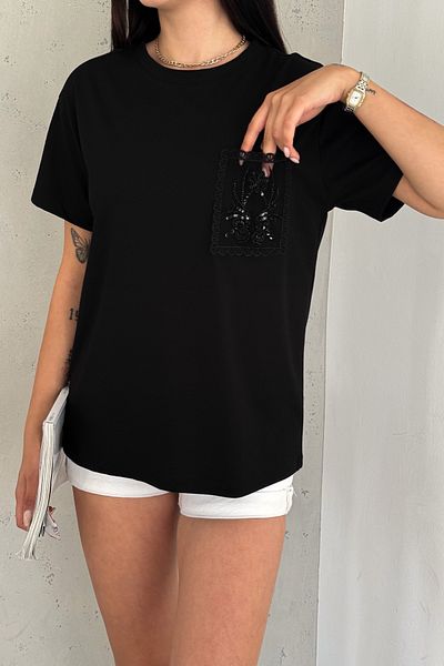 FEMELLE Tricou negru din bumbac pentru femei sezon nou - brodat cu paiete și broderie