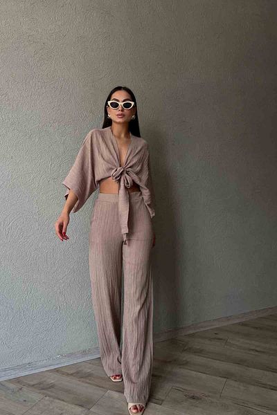 Seda Yalçın Atelier Linen Mink Set - Blouse and Trousers with Tie Detail