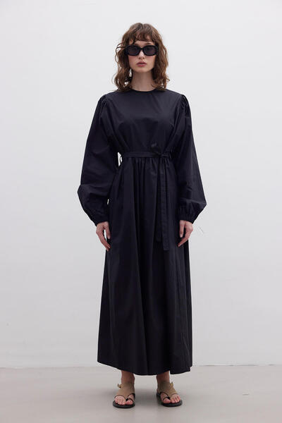 Manuka Μαύρο Premium Ποπλίνα Gathered Φόρεμα