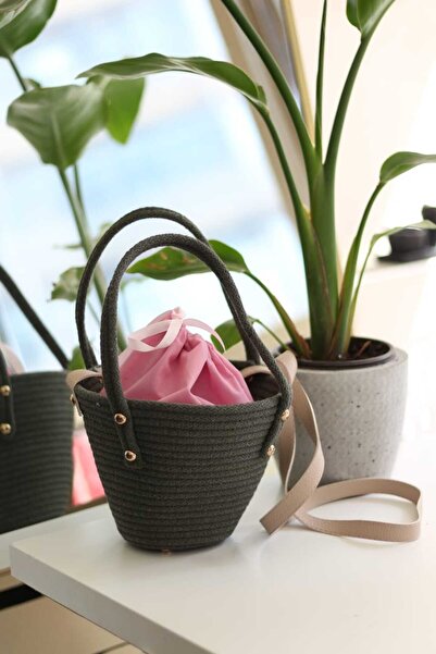 Moom Bag Khaki Colored Women's Knitted Shoulder Bag - Double Handle and Drawstring Strap Detail