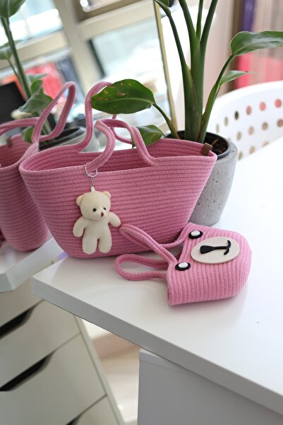Moom Bag Pembe Örme Aksesuar Detaylı 2'li Anne Kız El Çantası