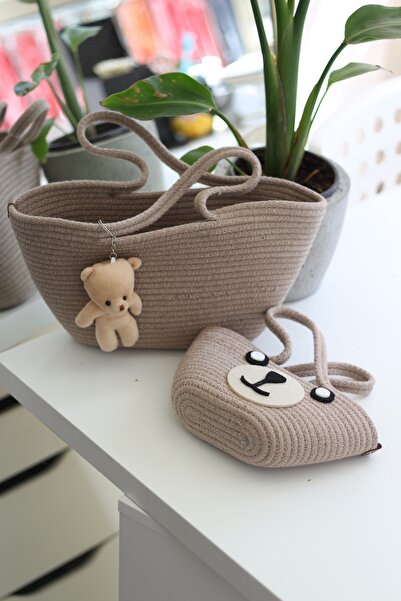 Moom Bag Beige Knitted - 2-Piece Mother and Daughter Handbag with Accessory Detail