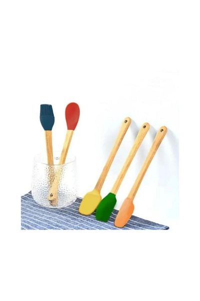 PANJI Set of 5 Colorful Bamboo Silicone Spatulas - Long 21cm