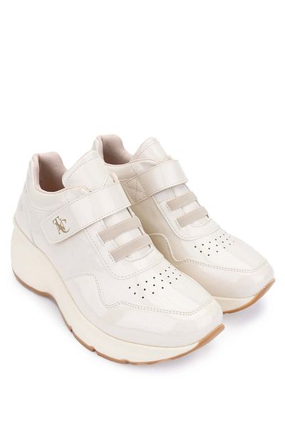 Tamer Tanca Beige Genuine Leather Patent Leather Women's Sneakers - Sports Shoes