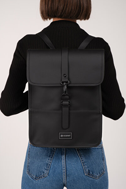 ICONE BAG Black Faux Leather Icone Matte Backpack with Hook Closure