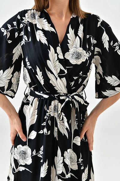 lovebox Black Midi Floral Dress - Double Breasted Collar, Elastic Waist, Sash and Side Slit 3469