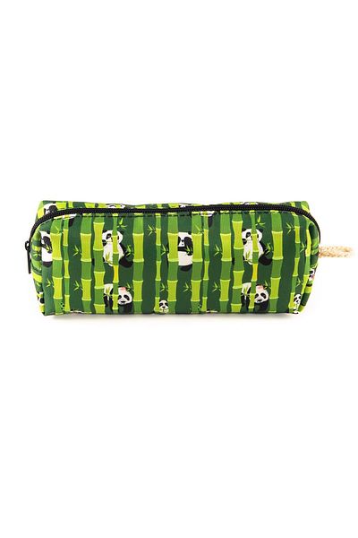 AlpCollection Bamboo Panda Patterned Green Pen Holder Zippered Makeup Bag