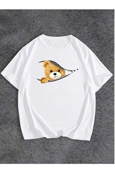 PERISENSE Tricou oversize cu imprimeu urs cu fermoar pentru bărbați și femei