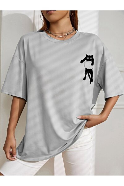 LOTS MODA Χαριτωμένο μπλουζάκι με στάμπα Cat Oversize