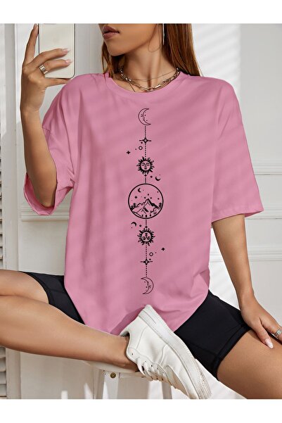 LAND MODA T-shirt Oversized με Εμπριμέ φεγγαριού και ήλιου