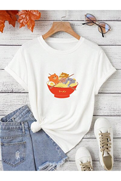 LAND MODA Μπλουζάκι Cat Ramen Printed Oversize