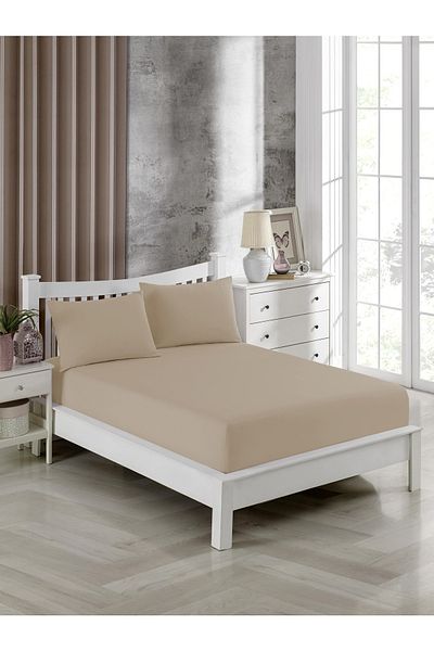 FAVORİST Beige King Size Elastic Sheet Set - 180x200, 2 Pillowcases
