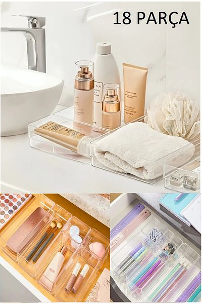 Bayev Lv 216 (X3) Set Jewelry - 18 Pieces Bathroom and Kitchen Drawer Organizer, Makeup Box and Pen Holder Spoon Holder