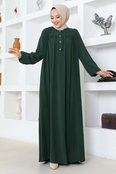 SGS Yarım Düğmeli Viskon Elbise ZÜMRÜT YEŞİLİ