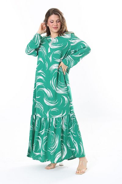 Şans Πράσινο μακρυμάνικο φόρεμα Viscose Plus Size με φούστα με στρώσεις - 65N33526