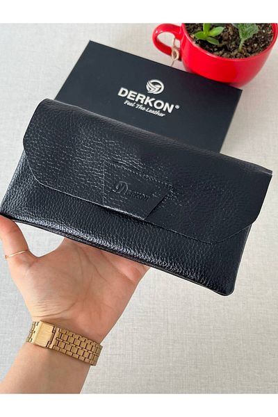 DERKON Black Genuine Leather - Natural Model Wallet with Phone Compartment