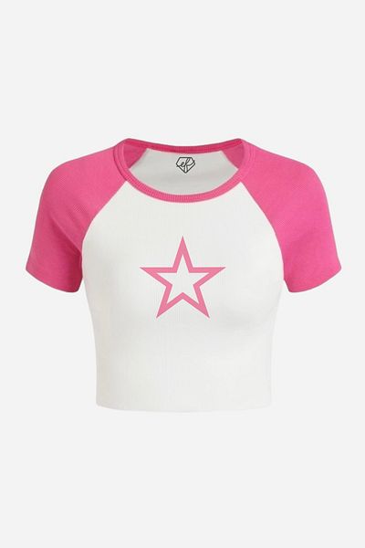 EFBUTİK Λευκό ροζ Raglan Sleeve Hollow Star Crop