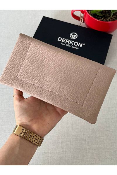 DERKON Natural Model Genuine Leather Wallet with Phone Compartment - Powder Pink