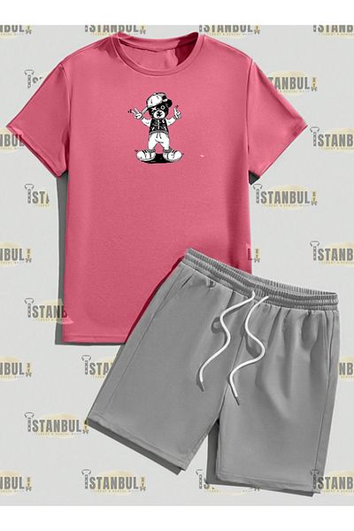aynewmoda Happy Street Bear Printed T-Shirt and Shorts Set