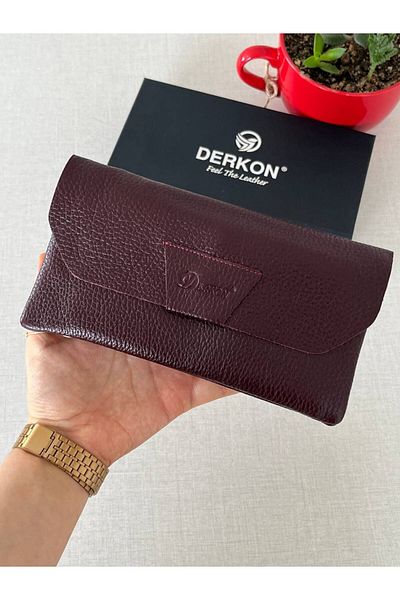 DERKON Claret Red Genuine Leather Wallet - Natural Model, with Phone Compartment