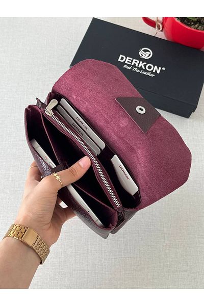 DERKON Claret Red Genuine Leather Wallet - Natural Model, with Phone Compartment