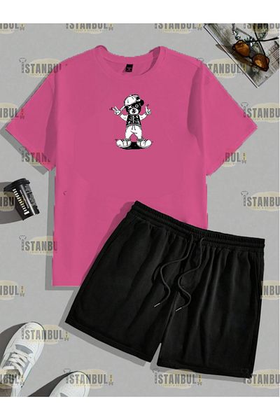 aynewmoda Happy Street Bear Printed T-Shirt and Shorts Set