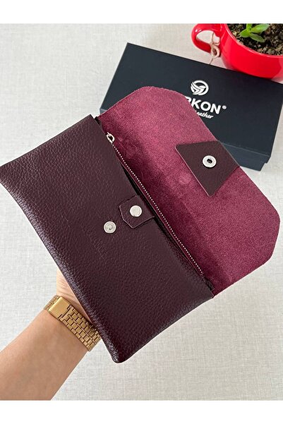 DERKON Claret Red Genuine Leather Wallet - Natural Model, with Phone Compartment