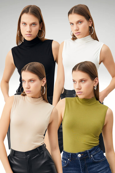 Bipantolon Kadın Yağ Yeşili Krem Siyah Beyaz 4'lü Kolsuz Body