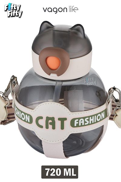 Vagonlife 720 ML Children's Water Bottle with Neck Strap and Straw - Cat Fashion FFVGN2031