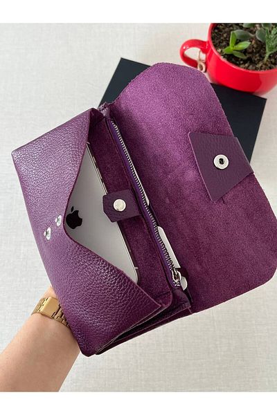 DERKON Purple Genuine Leather Wallet with Phone Compartment - Natural Model