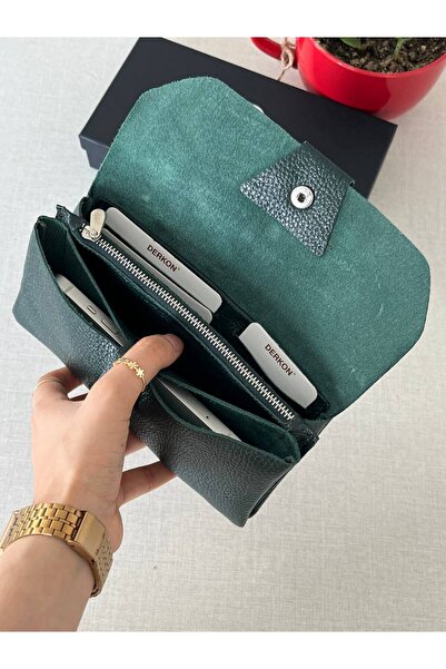 DERKON Green Genuine Leather - Natural Model Wallet with Phone Compartment