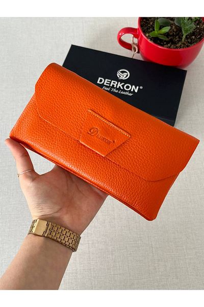 DERKON Orange Genuine Leather - Natural Model Wallet with Phone Compartment