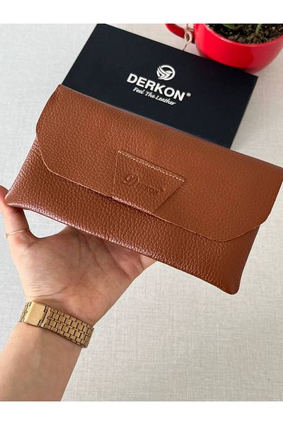 DERKON Genuine Leather Natural Model Wallet with Phone Compartment - Tan
