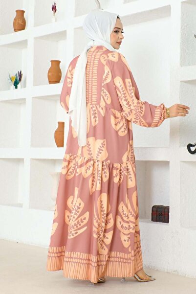 Genel Markalar Tropikal Desenli Tesettür Elbise GÜL KURUSU