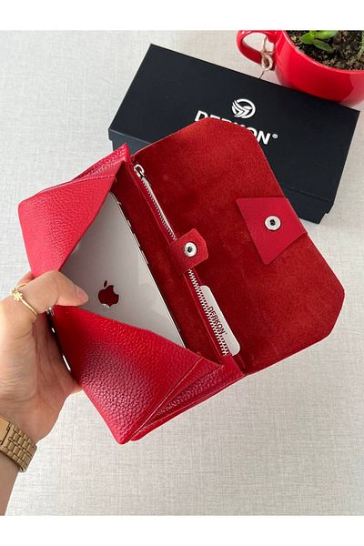 DERKON Red Genuine Leather Wallet - Natural Model with Phone Compartment