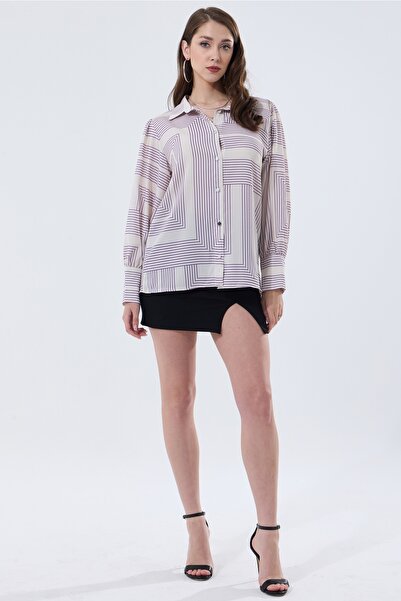 MD trend Geometric Patterned Oversize Women's Shirt - Balloon Sleeve and Shoulder Gathered