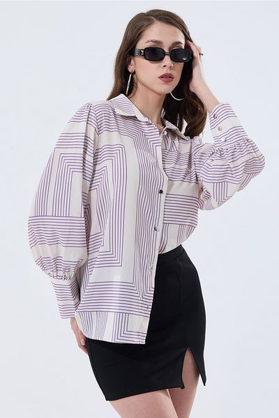 MD trend Cămașă oversize pentru femei cu model geometric - mânecă cu balon și umeri strânși