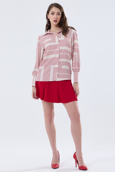 MD trend Geometric Patterned Oversize Women's Shirt - Balloon Sleeve and Shoulder Gathered