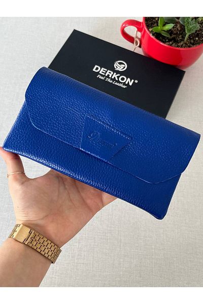 DERKON Saks Blue Genuine Leather Wallet - Natural Model with Phone Compartment