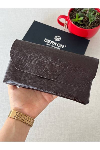 DERKON Genuine Leather Wallet with Phone Compartment - Brown Natural Model