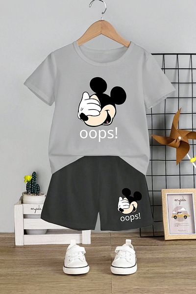 MYADA Oops! Set pentru copii cu imprimeu Miki - Gâtul turn, pantaloni scurți elastici, set text de 2 12449