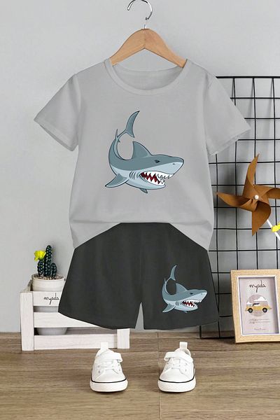 MYADA Shark Printed Children's Set - Crew Neck, Elastic Shorts, Set of 2 12490