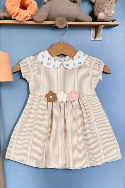 dinamik çocuk 100% Cotton Baby Collar Floral Dress for Baby Girl/Child - Organic Gathered Sleeve