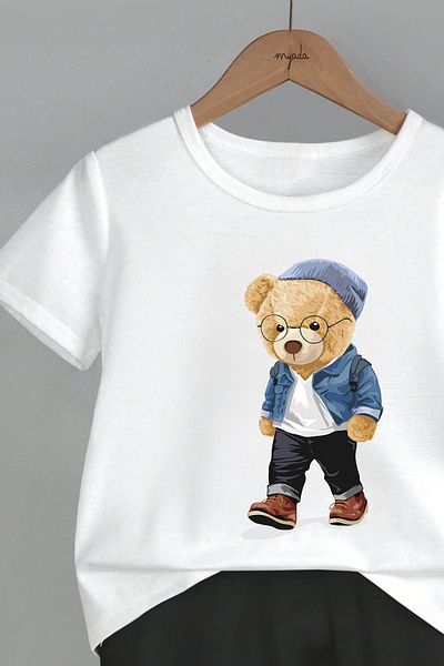 MYADA Bear Printed Children's Set with Crew Neck, Elastic Shorts and Hat - 11002